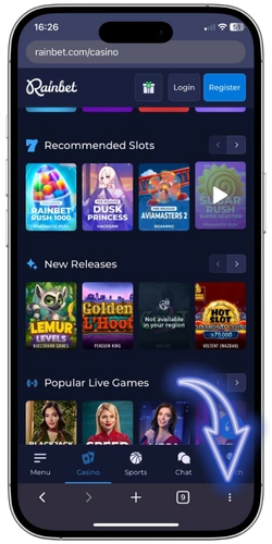 Rainbet app άνοιγμα μενού browser στο κινητό