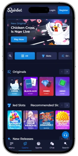 Rainbet app κεντρική σελίδα με κατηγορίες παιχνιδιών
