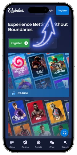 Rainbet κουμπί Login στην αρχική σελίδα