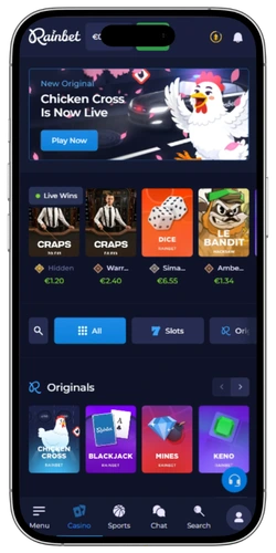 Rainbet κεντρική σελίδα μετά την επιτυχή σύνδεση